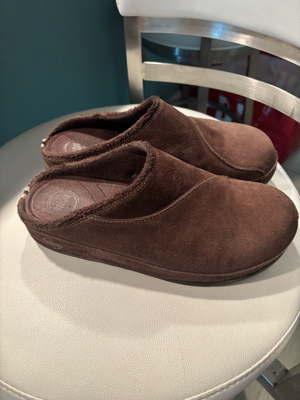 excellent Brown suede Fitflop, micro wobble board clogs Sz 10